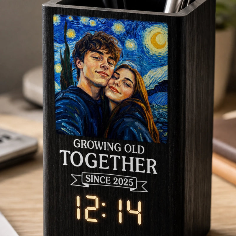 Custom Photo Pen Holder With Clock - Personalized Anniversary Wedding Gifts For Husband And Wife, Him And Her - Loving You Through Every Second