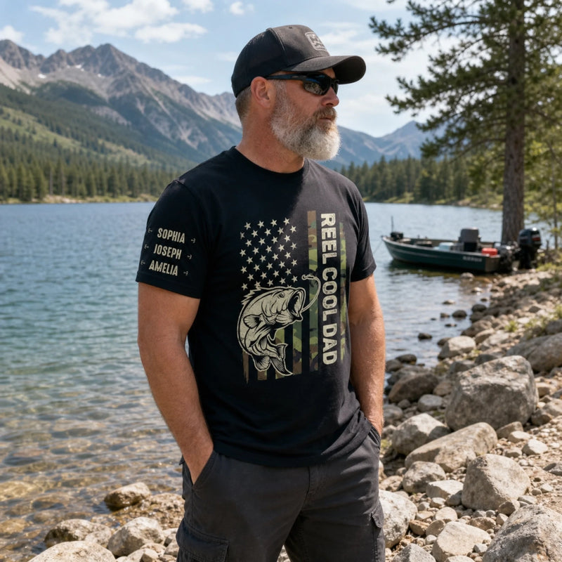 Custom Unisex T-Shirt With Design On Sleeve - Personalized Father's Day Fishing Gifts For Fisherman, Dad, Grandpa - Best Dad In The Reel World