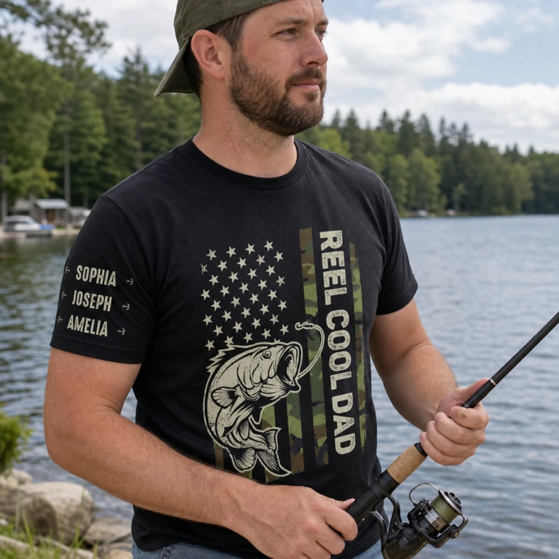 Custom Unisex T-Shirt With Design On Sleeve - Personalized Father's Day Fishing Gifts For Fisherman, Dad, Grandpa - Best Dad In The Reel World