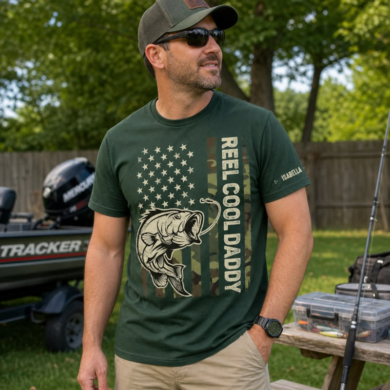 Custom Unisex T-Shirt With Design On Sleeve - Personalized Father's Day Fishing Gifts For Fisherman, Dad, Grandpa - Best Dad In The Reel World