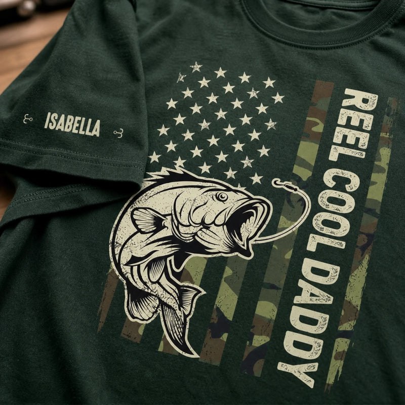 Custom Unisex T-Shirt With Design On Sleeve - Personalized Father's Day Fishing Gifts For Fisherman, Dad, Grandpa - Best Dad In The Reel World