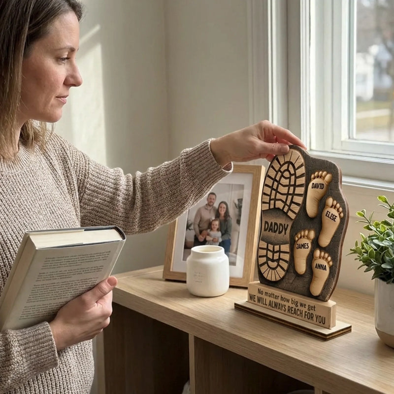 Following In Your Footsteps - Family Personalized Custom Shaped 2-Layered Wooden Plaque With Flat Stand - Father's Day, House Warming Gift For Dad, Grandpa