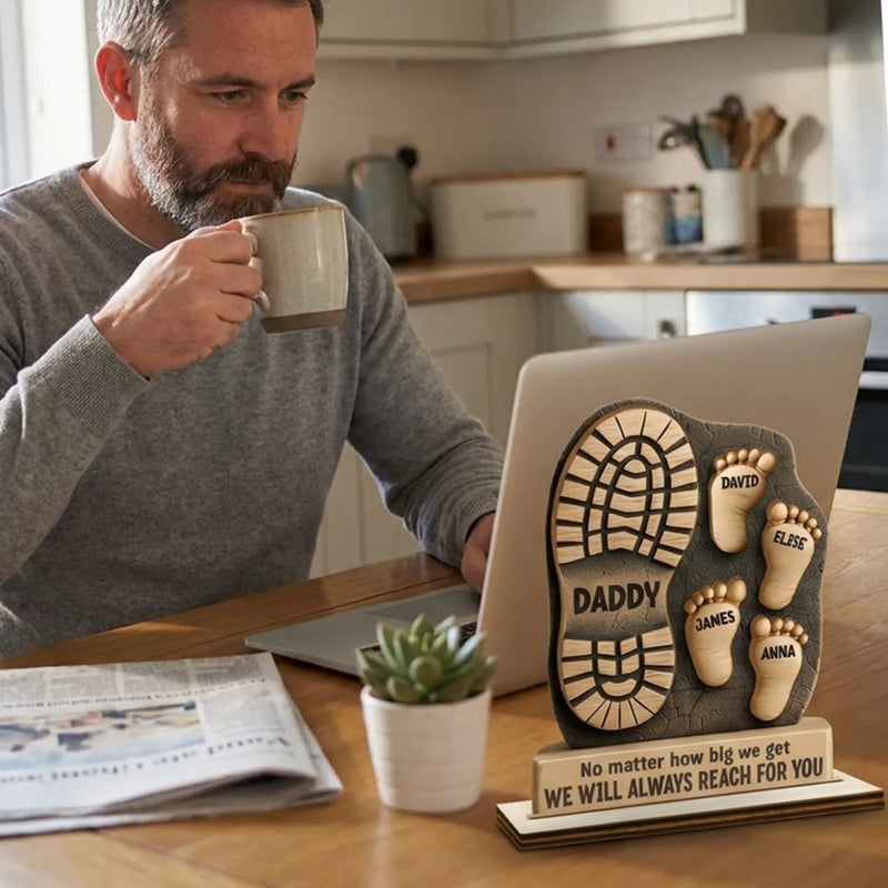 Following In Your Footsteps - Family Personalized Custom Shaped 2-Layered Wooden Plaque With Flat Stand - Father's Day, House Warming Gift For Dad, Grandpa