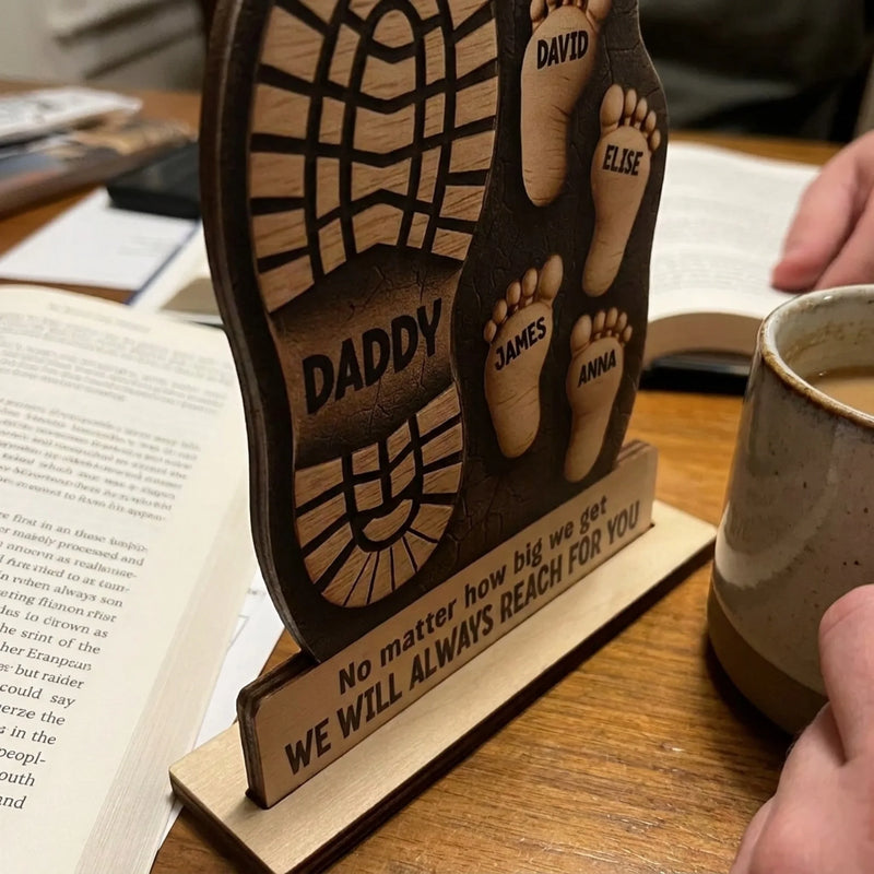 Following In Your Footsteps - Family Personalized Custom Shaped 2-Layered Wooden Plaque With Flat Stand - Father's Day, House Warming Gift For Dad, Grandpa
