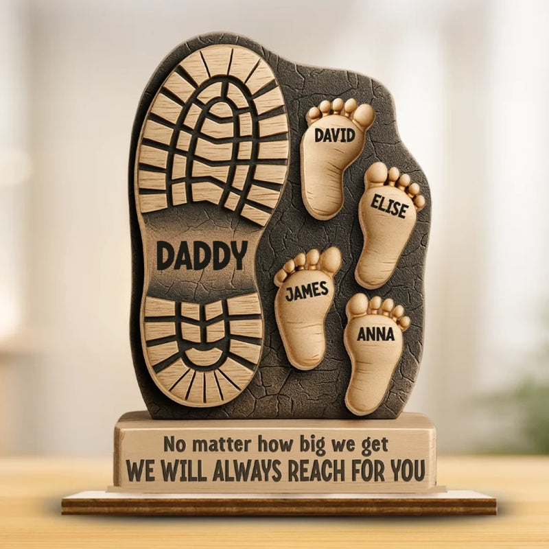 Following In Your Footsteps - Family Personalized Custom Shaped 2-Layered Wooden Plaque With Flat Stand - Father's Day, House Warming Gift For Dad, Grandpa