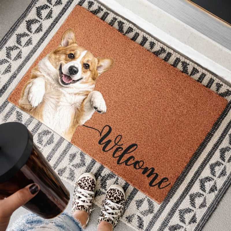 Custom Photo Coir Doormat - Personalized Birthday Gifts For Dog Cat Lovers, Dog Dad And Mom, Cat Owners - Pawsitively Welcoming You Inside
