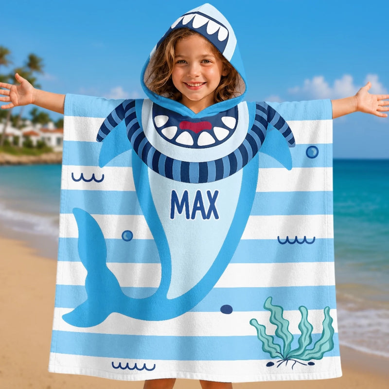 Custom Poncho Beach Towel - Personalized Summer Vacation And Travel Gifts For Women, Men, Kids - Beware Of Cute Shark Bites