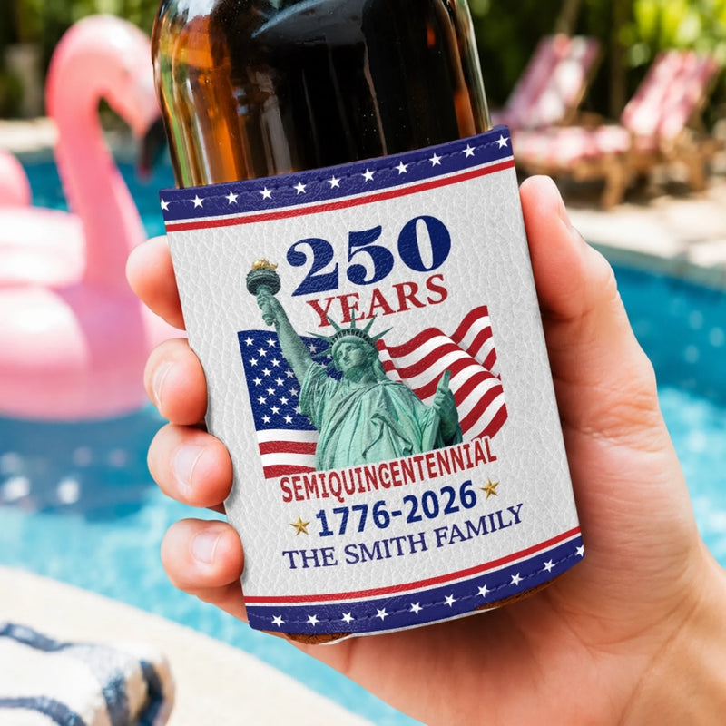 Custom Leather Can Cooler - Personalized America 250th Anniversary Gifts For Mom, Dad, Brother, Sister, Kids - Stars Stripes And Pride