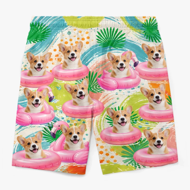 Custom Photo Tropical Hawaiian Aloha Men Beach Shorts - Personalized Summer Vacation And Travel Gifts For Dog Cat Lovers, Dog Dad And Mom, Cat Owners - Tropical Parrots, Furry Smiles
