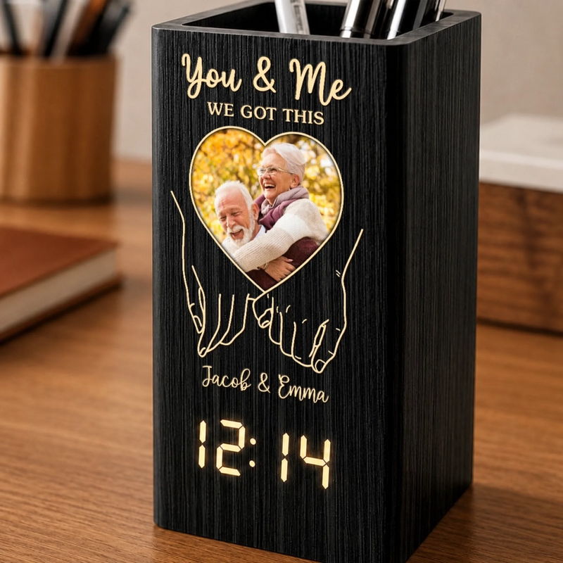 Custom Photo Pen Holder With Clock - Personalized Anniversary Wedding Gifts For Husband And Wife, Him And Her - We Got This, Together