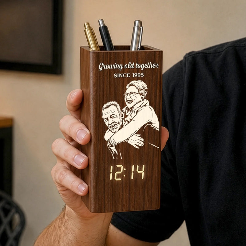 Custom Photo Pen Holder With Clock - Personalized Anniversary Wedding Gifts For Husband And Wife, Him And Her - Captured Moments, Timeless Love