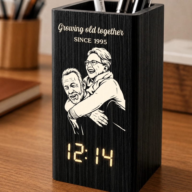 Custom Photo Pen Holder With Clock - Personalized Anniversary Wedding Gifts For Husband And Wife, Him And Her - Captured Moments, Timeless Love