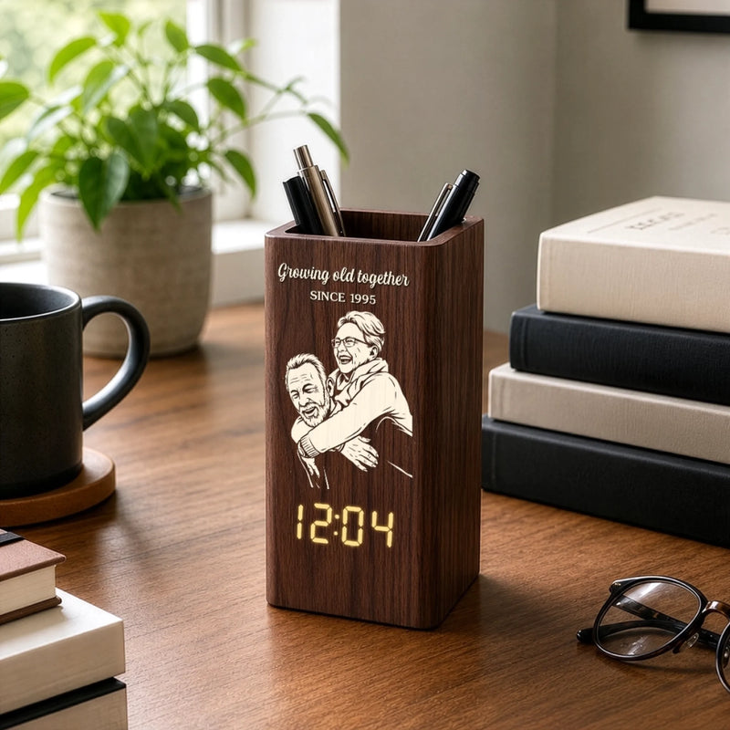 Custom Photo Pen Holder With Clock - Personalized Anniversary Wedding Gifts For Husband And Wife, Him And Her - Captured Moments, Timeless Love
