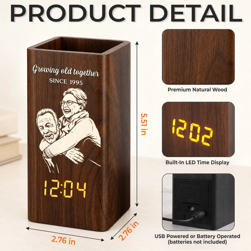 Custom Photo Pen Holder With Clock - Personalized Anniversary Wedding Gifts For Husband And Wife, Him And Her - Captured Moments, Timeless Love