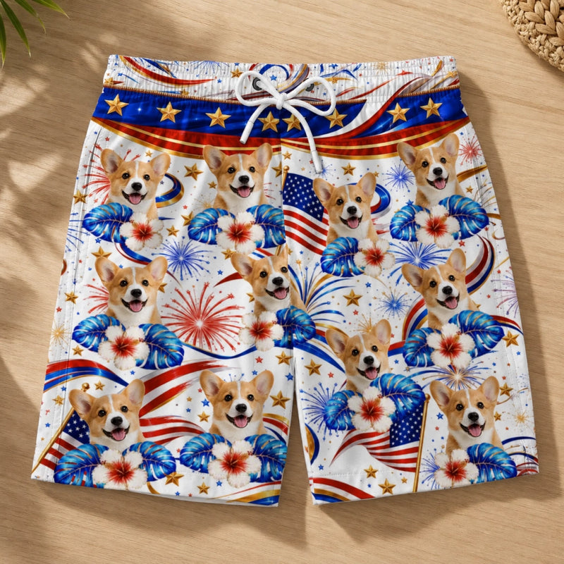 Custom Photo Tropical Hawaiian Aloha Men Beach Shorts - Personalized Summer Vacation And Travel Gifts For Dog Cat Lovers, Dog Dad And Mom, Cat Owners - Patriotic Pup Paradise