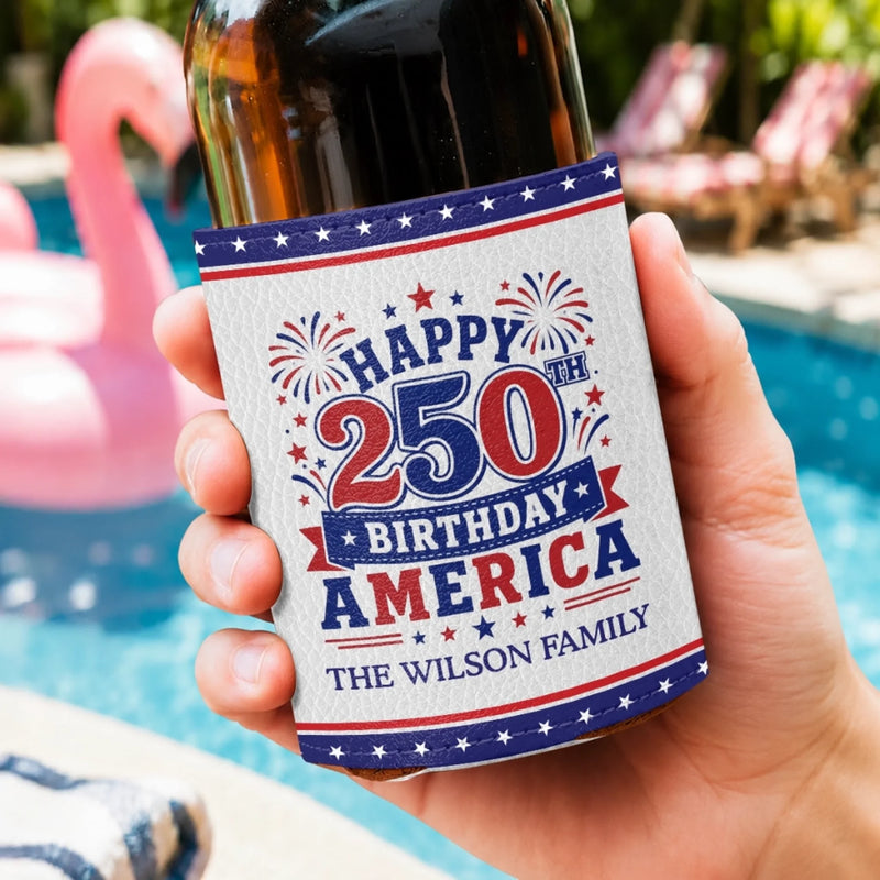 Custom Leather Can Cooler - Personalized America 250th Anniversary Gifts For Mom, Dad, Brother, Sister, Kids - Freedom Lives Here