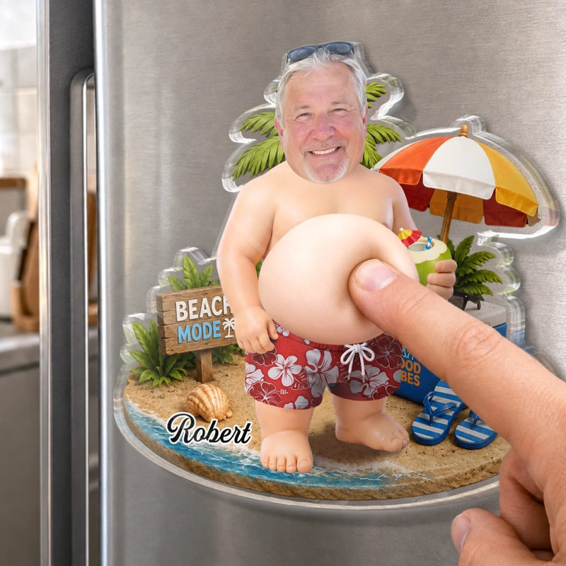 Custom Photo Dad Bod Belly Squishy Acrylic Fridge Magnet – Personalized Summer Vacation And Travel Gifts For Men, Dad, Grandpa – Too Hot To Mow Today
