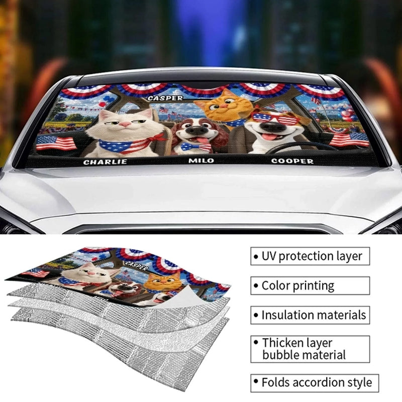Custom Auto Windshield Sunshade, Car Window Protector - Personalized 4th Of July Gifts For Dog Cat Lovers, Dog Dad And Mom, Cat Owners - Stars, Stripes & Paw Prints