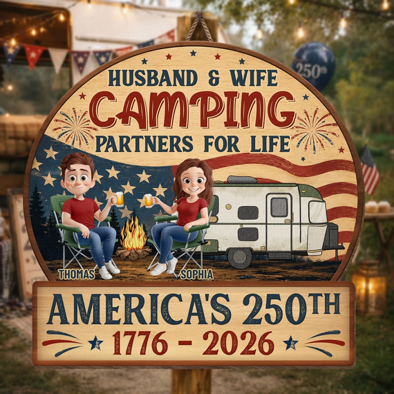 Custom Wood Sign - Personalized America 250th Anniversary, Camping Gifts For Campers, Husband And Wife, Him And Her - Our Happy Camping Place