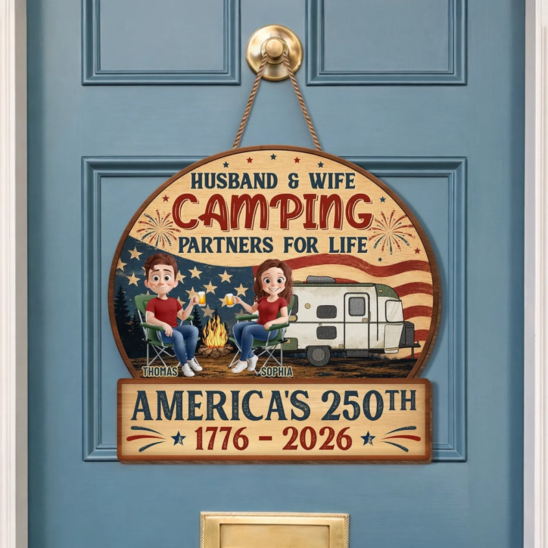 Custom Wood Sign - Personalized America 250th Anniversary, Camping Gifts For Campers, Husband And Wife, Him And Her - Our Happy Camping Place