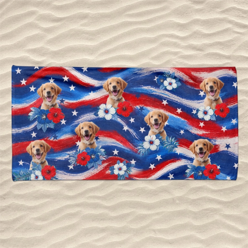 Custom Photo Beach Towel - Personalized 4th Of July, Summer Vacation And Travel Gifts For Dog Cat Lovers, Dog Dad And Mom, Cat Owners - Pawtriotic Summer Vibes