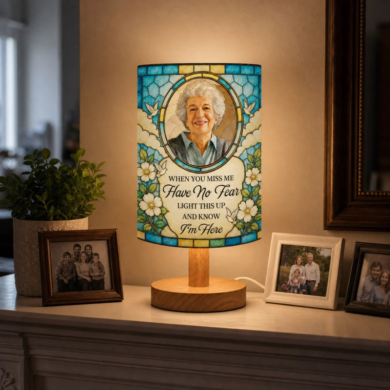 Custom Photo Linen Bedside Table Lamp - Personalized Memorial Sympathy Gifts For Loss Of Mom, Dad - Remembered With Love Always