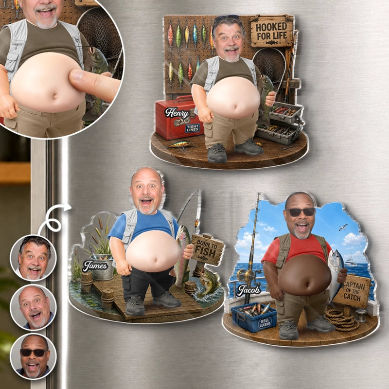 Custom Photo Dad Bod Belly Squishy Acrylic Fridge Magnet – Personalized Birthday Fishing Gifts For Fisherman – Hooked On The Good Life