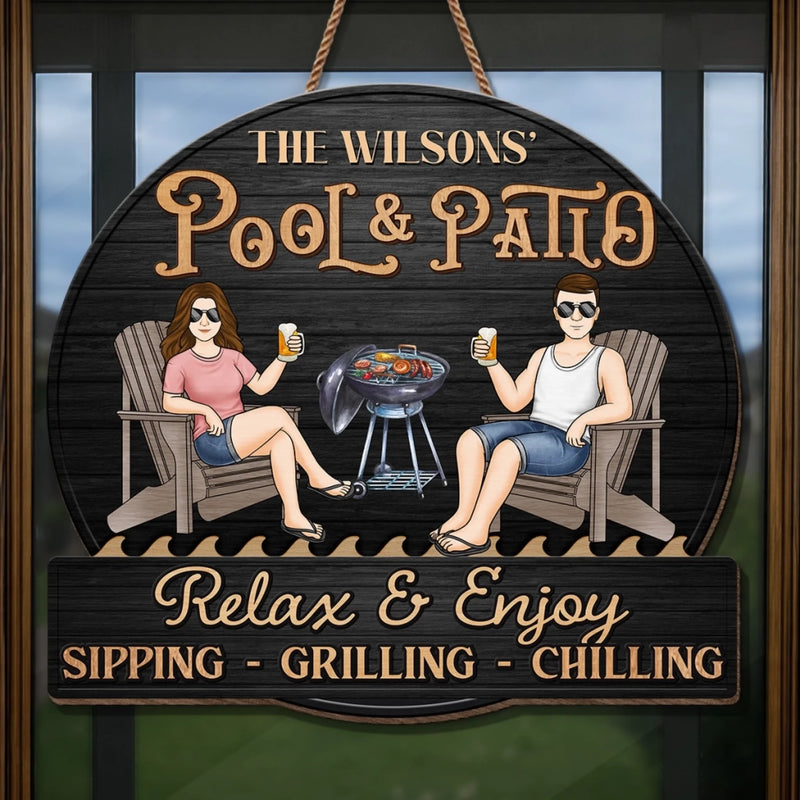 Custom Home Decor Wood Sign - Personalized Anniversary Wedding Gifts For Husband And Wife, Him And Her - Just A Couple, Pool & Patio Sipping Chilling