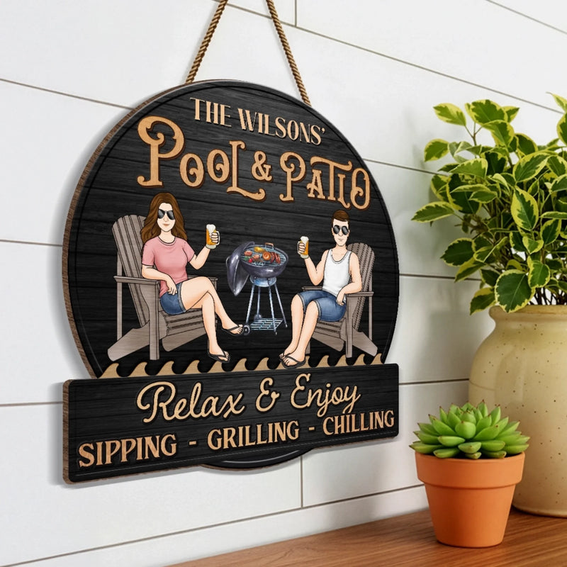 Custom Home Decor Wood Sign - Personalized Anniversary Wedding Gifts For Husband And Wife, Him And Her - Just A Couple, Pool & Patio Sipping Chilling