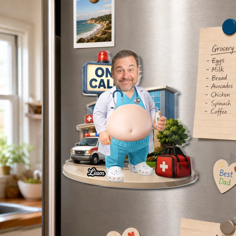 Custom Photo Dad Bod Belly Squishy Acrylic Fridge Magnet – Personalized Birthday Gifts For Nurse – Caring Is My Superpower