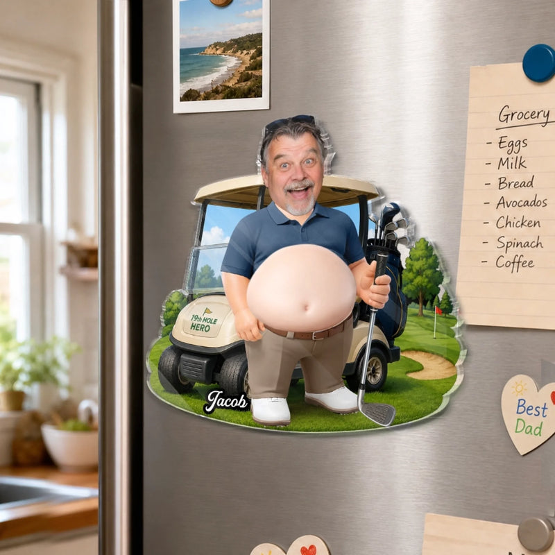 Custom Photo Golf Dad Bod Belly Squishy Acrylic Fridge Magnet – Personalized Birthday Gifts For Dad, Grandpa, Golf Lovers, Sports Fans, Sports Lovers – Nice Swing