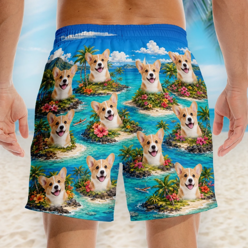 Custom Photo Tropical Hawaiian Aloha Men Beach Shorts - Personalized Summer Vacation And Travel Gifts For Dog Cat Lovers, Dog Dad And Mom, Cat Owners - Paws Sunshine And Smiles