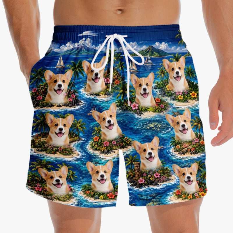 Custom Photo Tropical Hawaiian Aloha Men Beach Shorts - Personalized Summer Vacation And Travel Gifts For Dog Cat Lovers, Dog Dad And Mom, Cat Owners - Paws Sunshine And Smiles