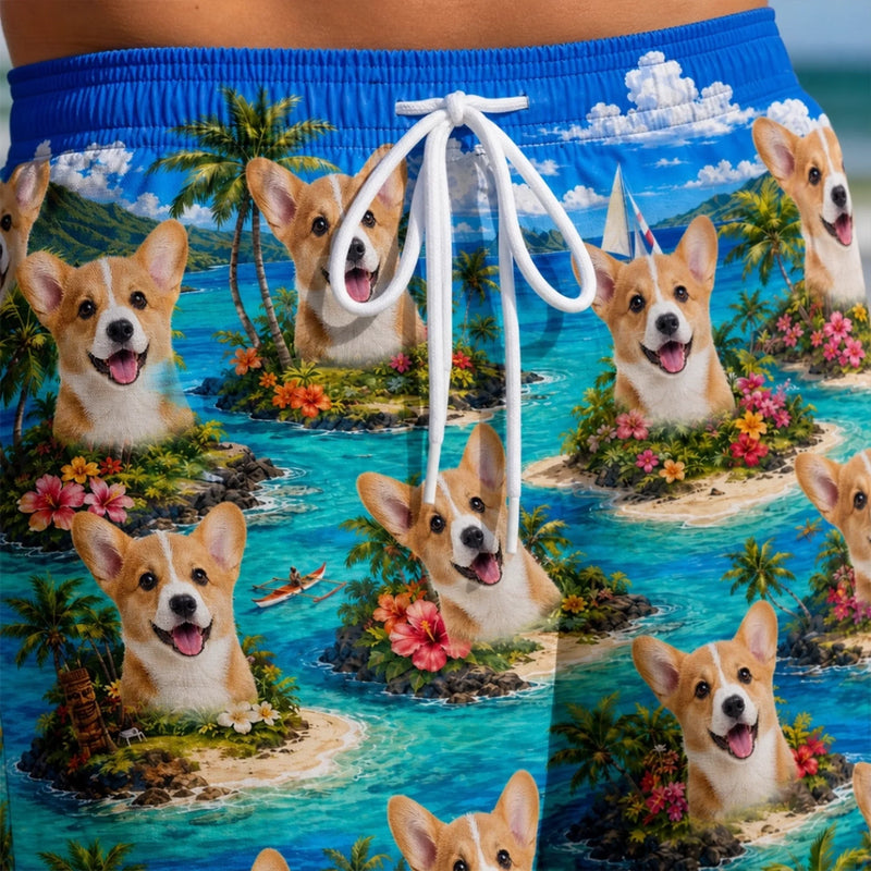 Custom Photo Tropical Hawaiian Aloha Men Beach Shorts - Personalized Summer Vacation And Travel Gifts For Dog Cat Lovers, Dog Dad And Mom, Cat Owners - Paws Sunshine And Smiles