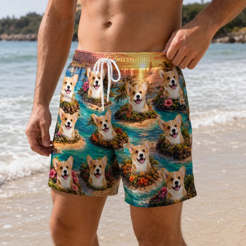 Custom Photo Tropical Hawaiian Aloha Men Beach Shorts - Personalized Summer Vacation And Travel Gifts For Dog Cat Lovers, Dog Dad And Mom, Cat Owners - Paws Sunshine And Smiles