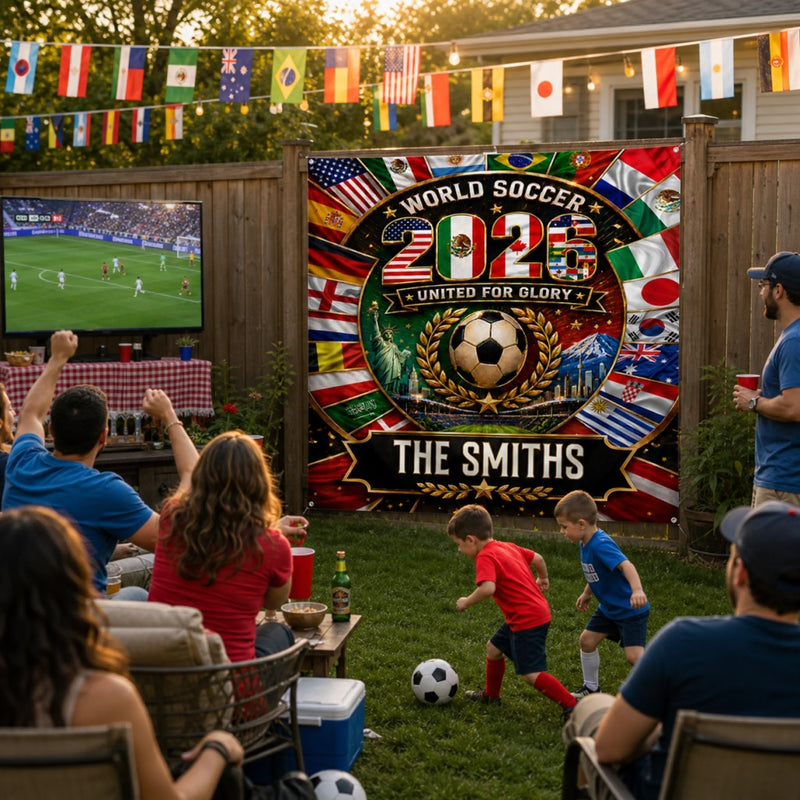 Custom World Football Backdrop - Personalized Birthday Gifts For Football Lovers, Sports Fans, Sports Lovers - United For Global Soccer Glory