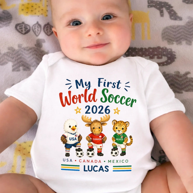 Custom World Football Baby Onesie - Personalized Baby Shower, Gender Reveal Gifts For Football Lovers, New Moms, New Dads - My First Champion Cup
