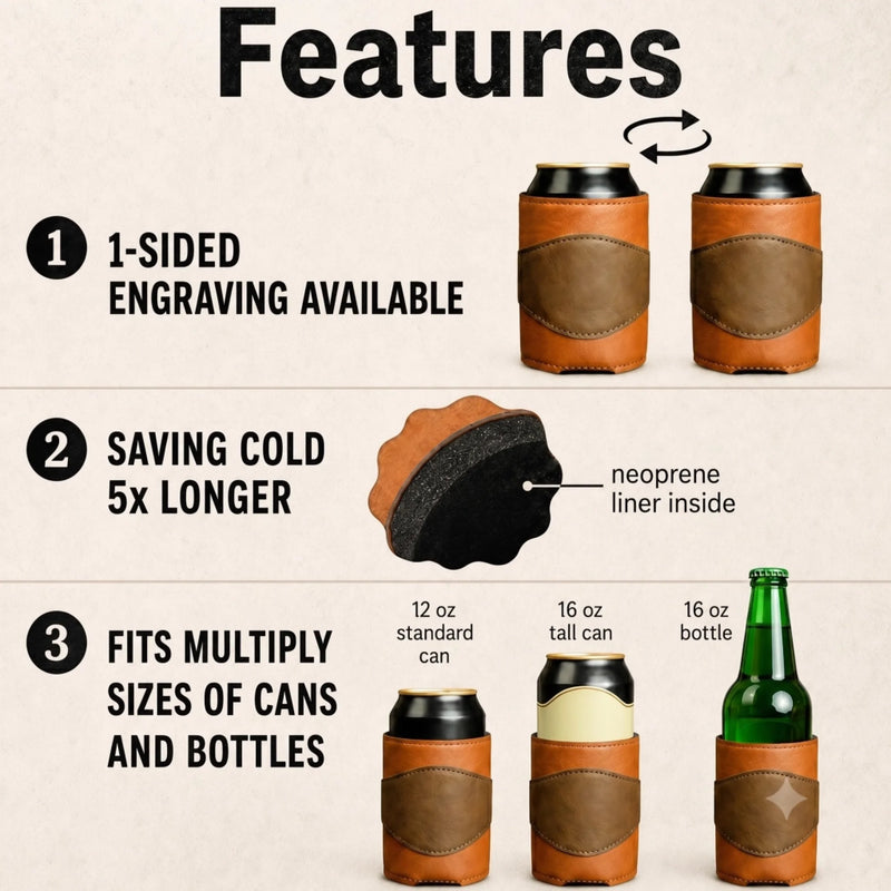 Custom Engraved Leather Can Cooler - Personalized Birthday Gifts For Men, Dad, Brother, Grandpa, Husband - Strong Calm Confident