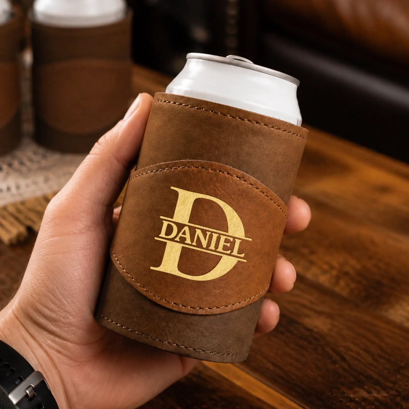 Custom Engraved Leather Can Cooler - Personalized Birthday Gifts For Men, Dad, Brother, Grandpa, Husband - Strong Calm Confident