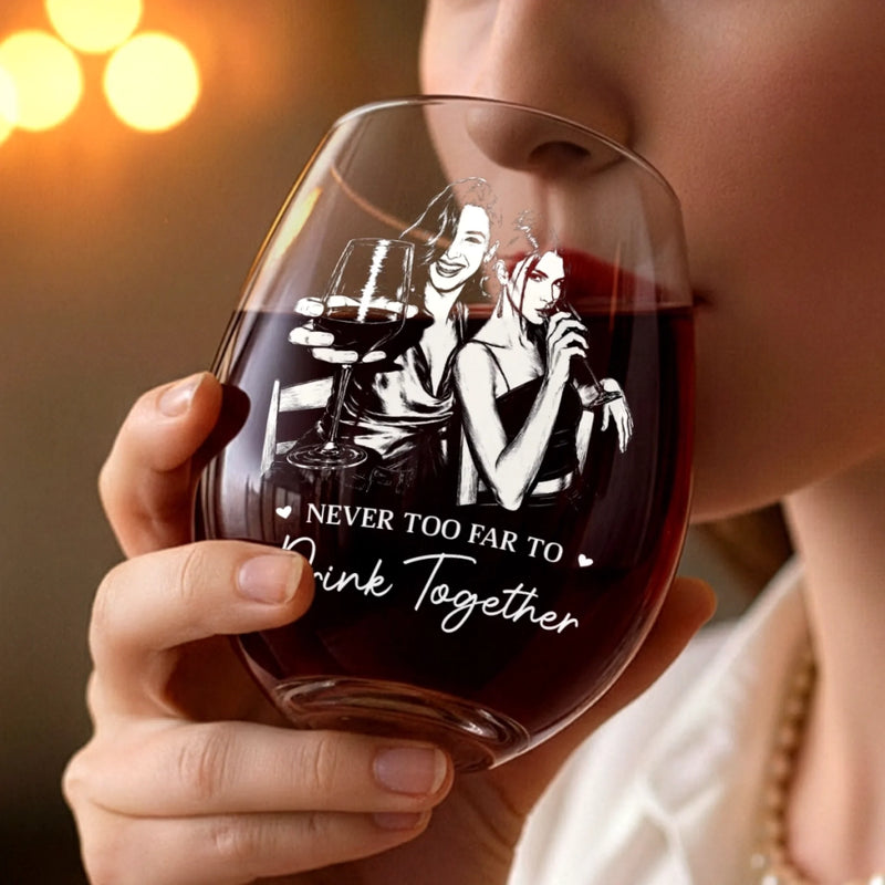 Custom Photo Wine Glass - Personalized Best Friend Birthday Gifts For Women, Besties, Sisters, BFF - Never Too Far To Drink Together