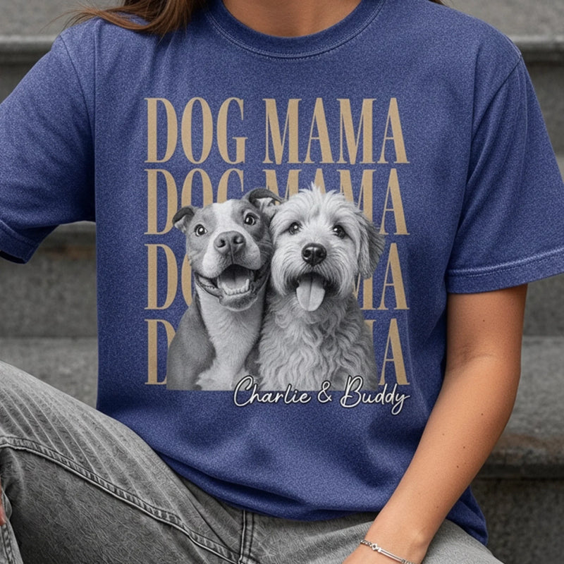Custom Photo Washed Cotton T-shirt - Personalized Birthday Gifts For Dog Cat Lovers, Dog Dad And Mom, Cat Owners - Proud Dog Mama