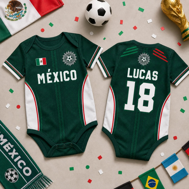 Custom Mexico World Football Baby Jersey Bodysuit
 - Personalized Baby Shower, Gender Reveal Gifts For New Moms, New Dads, Football Lovers - Team’s Little All Star