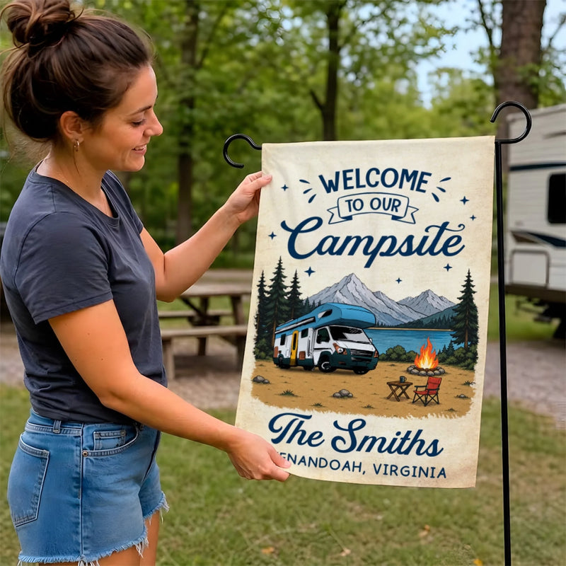 Custom Flag - Personalized Summer Vacation And Travel Camping Gifts For Campers, Mom, Dad, Brother, Sister, Kids - Adventure Awaits
