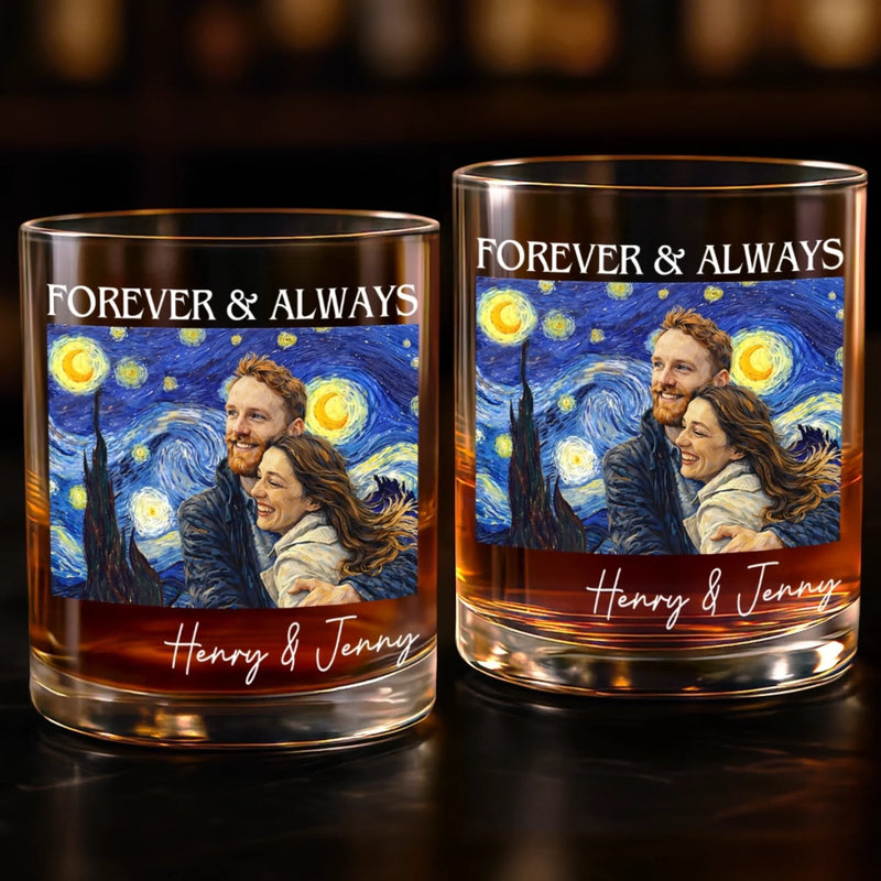 Custom Photo Whiskey Glass - Personalized Anniversary Wedding Gifts For Husband And Wife, Him And Her - Forever And Always