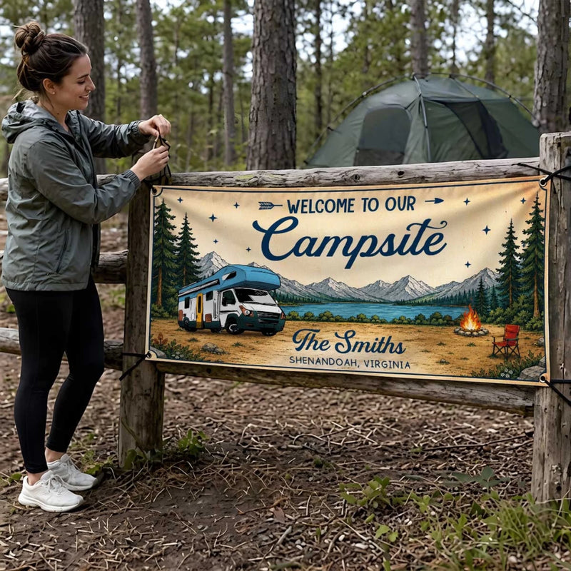 Custom Outdoor Banner - Personalized Summer Vacation And Travel Camping Gifts For Campers, Mom, Dad, Brother, Sister, Kids - Adventure Found Here