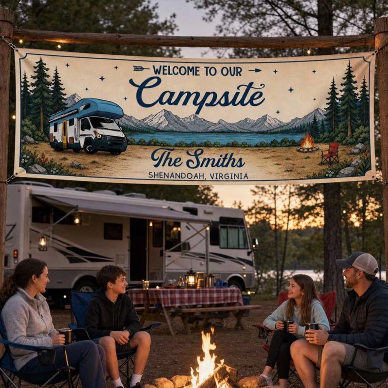 Custom Outdoor Banner - Personalized Summer Vacation And Travel Camping Gifts For Campers, Mom, Dad, Brother, Sister, Kids - Adventure Found Here