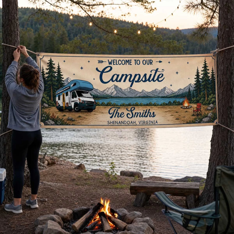 Custom Outdoor Banner - Personalized Summer Vacation And Travel Camping Gifts For Campers, Mom, Dad, Brother, Sister, Kids - Adventure Found Here