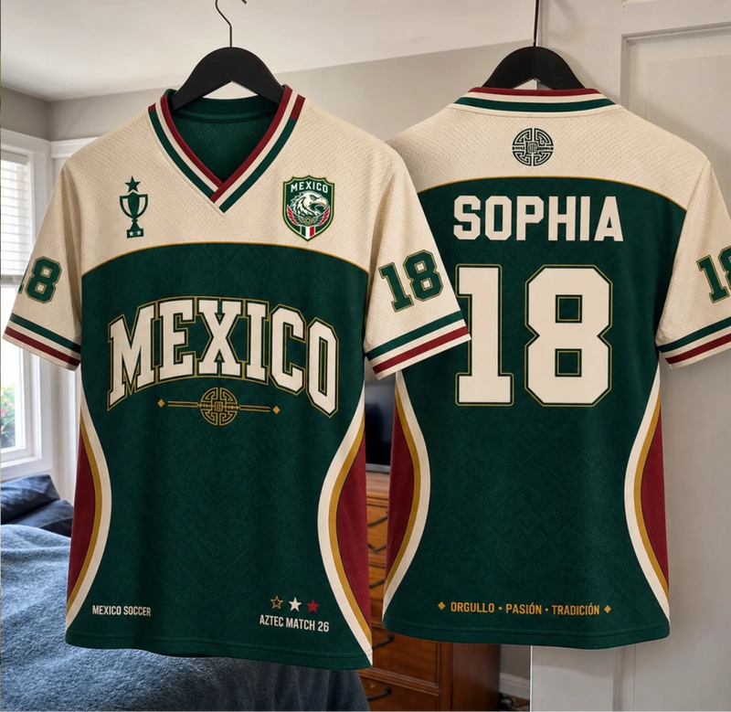 Custom Mexico World Football V-Neck Soccer Jersey - Personalized Birthday Gifts For Football Lovers, Sports Fans, Sports Lovers - My Heart Beats In Green Stripes