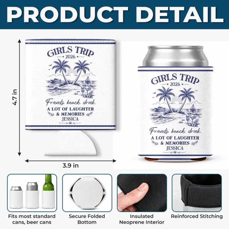Custom Leather Can Cooler - Personalized Summer Vacation And Travel Gifts For Best Friends, Family - Making Memories Under The Palm Trees