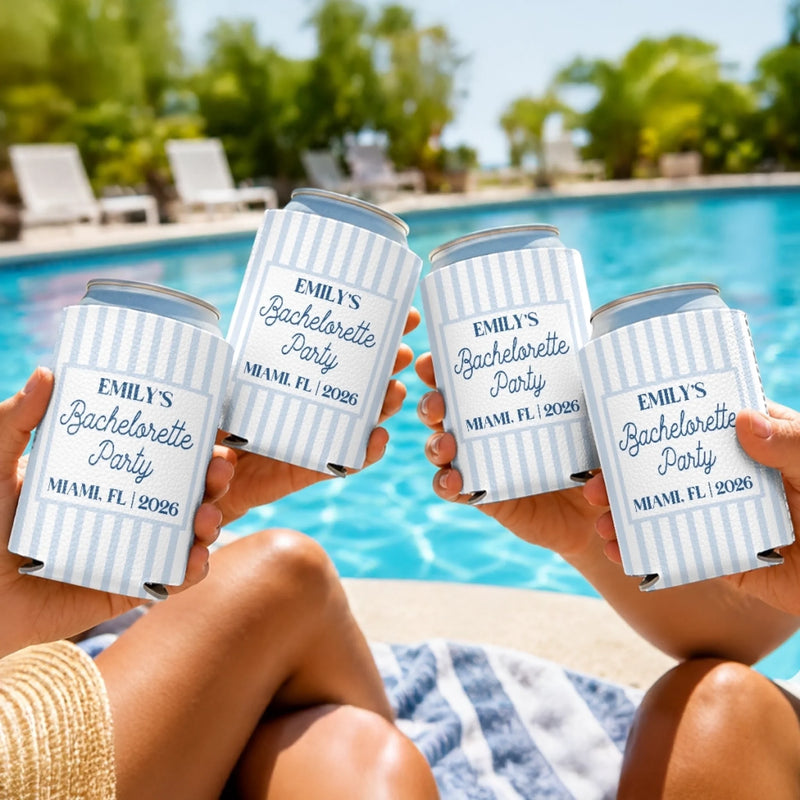 Custom Leather Can Cooler - Personalized Summer Vacation And Travel Gifts For Women, Besties, Sisters, BFF - Poolside Chilling, Miami Edition